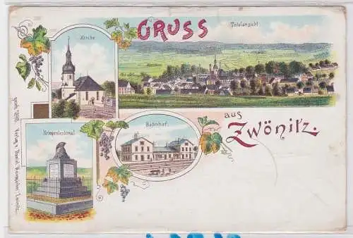 72006 Lithografie AK Gruss aus Zwönitz - Kirche, Denkmal, Bahnhof & Totalansicht