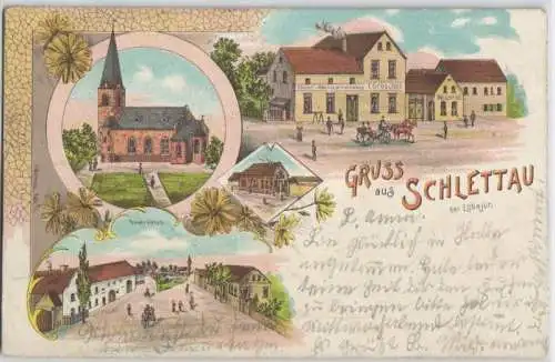 92597 Ak Lithographie Gruß aus Schlettau Gasthof, Bauernplatz usw. 1906