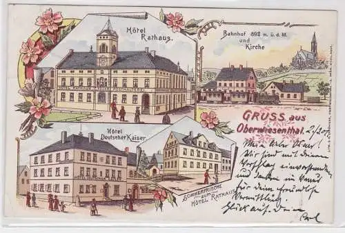 67998 Ak Lithographie Gruß aus Oberwiesenthal Hotel, Bahnhof usw. 1901