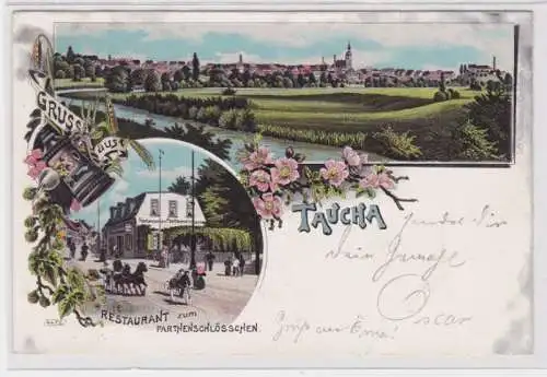 70669 Ak Lithographie Gruß aus Taucha Restaurant zu Parthenschlösschen um 1900