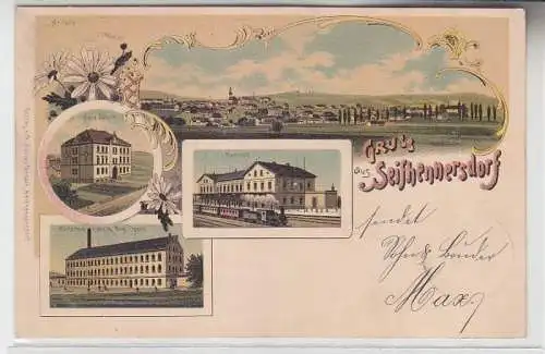 04847 Ak Lithographie Gruß aus Seifhennersdorf Bahnhof, Schule, Fabrik 1900