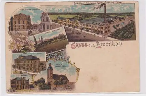 89212 Ak Lithographie Gruß aus Zwenkau Schuhwarenfabrik usw. um 1900