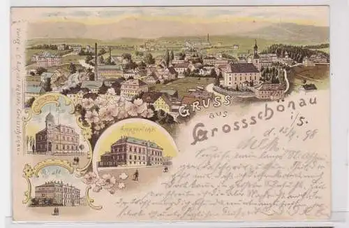 91628 Ak Lithographie Gruß aus Grossschönau in Sachsen Post, Schule usw. 1898