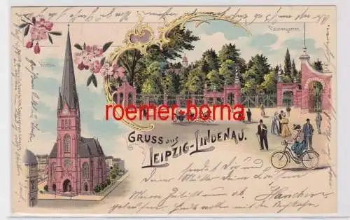 88273 Ak Lithographie Gruß aus Leipzig Lindenau Kirche, Palmengarten 1902