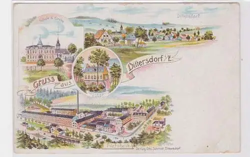 81822 Ak Lithographie Gruß aus Dittersdorf i.E. Filzfabrik Schule, Kirche um1900