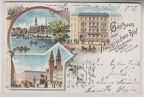 65088 Ak Lithographie Gruß aus Chemnitz Gasthaus zum Preussischen Hof 1900