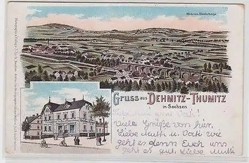 62009 Ak Lithographie Gruß aus Dehmitz Thumitz Totalansicht, Klempnerei um 1900