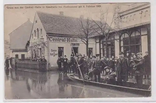 88583 Ak Gruß aus der Central Halle in Gaschwitz bei Hochwasser 1909