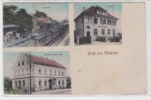 88621 Feldpost AK Gruß aus Röderau - Postamt, Bahnhof, Knöfel's Restaurant 1917