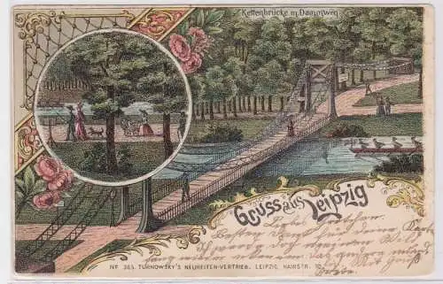 87198 Ak Lithographie Gruß aus Leipzig Kettenbrücke mit Dammweg 1899