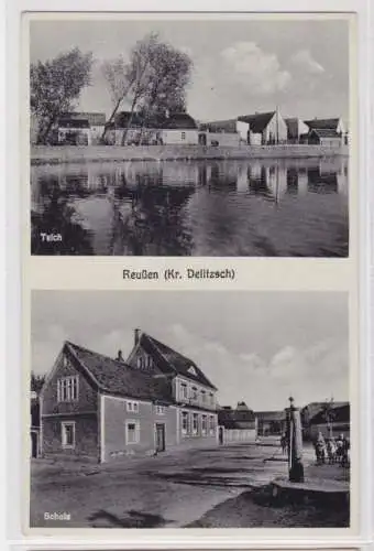 94287 Mehrbild Ak Reußen (Kreis Delitzsch) Teich, Schule um 1940