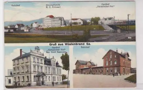 94286 Mehrbild Ak Gruß aus Wüstenbrand Bahnhof, Strumpffabrik, Gasthof 1909