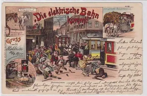 91512 Ak Lithographie Gruß aus Leipzig 'Die elektrische Bahn kommt!' 1900