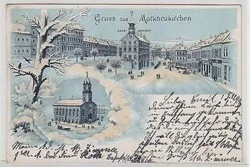 63565 Ak Lithographie Gruß aus Markneukirchen Amtsgericht, Kirche im Schnee 1899