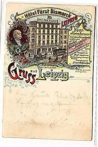 60808 Ak Lithographie Gruß aus Leipzig Hotel Fürst Bismarck 1900