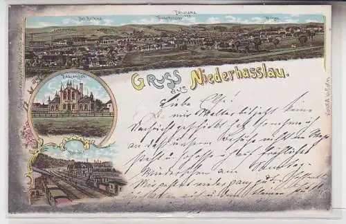 71680 Ak Lithographie Gruss aus Niederhasslau Panorama, Badeanstalt, Bahnhof