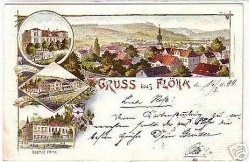 05261 Ak Gruß aus Flöha Bahnhof, Gasthof usw. 1899