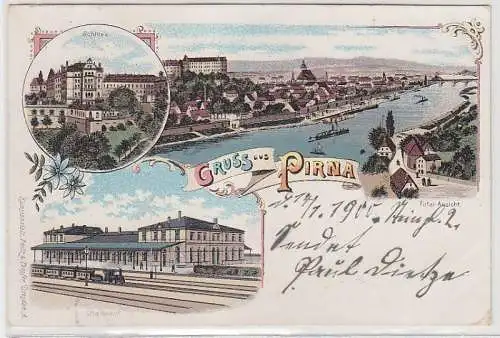 69071 Ak Lithographie Gruss aus Pirna Bahnhof usw. 1900