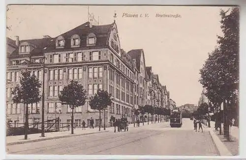 67796 Ak Plauen i.V. Breitestraße mit Straßenbahn und Pferdefuhrwerk 1924