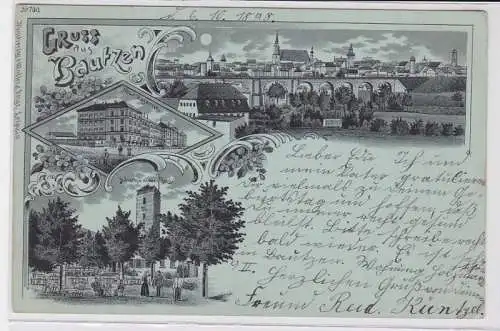 92698 Mondscheinkarte Gruss aus Bautzen neue Kaserne usw. 1898