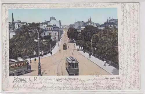 88173 Ak Plauen i.V. Bahnhofstrasse mit Strassenbahnen 1902