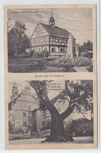 68933 Mehrbild Ak Gruß aus Prießnitz Rathaus u. Schloß mit Gerichtslinde um 1920