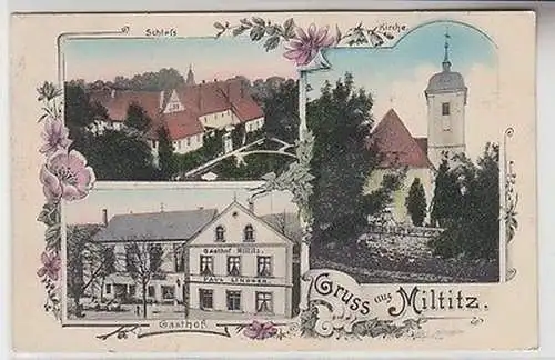 67738 Mehrbild Ak Gruß aus Miltitz Schloß, Gasthof, Kirche 1911