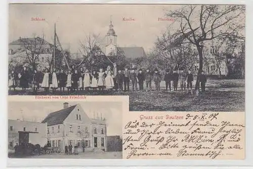 63842 Mehrbild Ak Gruß aus Deutzen Bäckerei, Schloß, Kirche, Pfarrhaus 1907