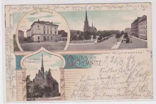 43974 Ak Lithographie Gruß aus Chemnitz Neustädtemarktm Kirche usw. 1899