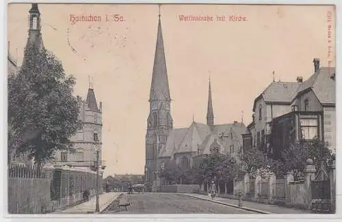 68474 Ak Hainichen in Sachsen Wettinstrasse mit Kirche um 1910