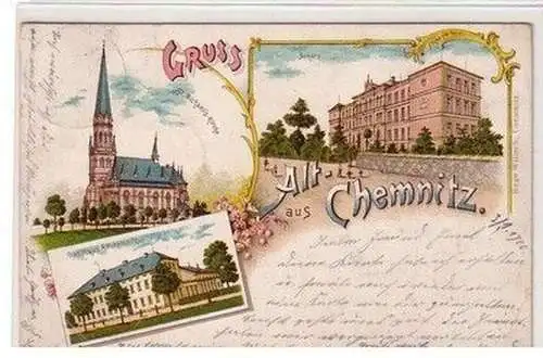 58756 Ak Lithographie Gruß aus Alt-Chemnitz Gasthaus und Schule 1900