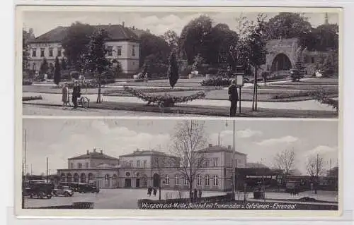 88123 AK Wurzen an der Mulde - Bahnhof mit Promenaden & Gefallenen-Ehrenmal 1933