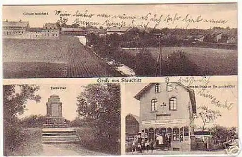 08454 Ak Gruß aus Stauchitz Geschäftshaus usw. um 1920