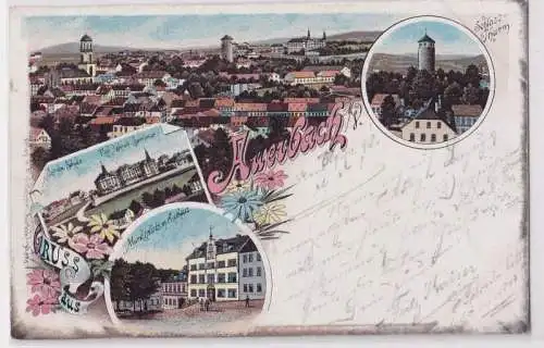 90092 Lithografie AK Auerbach im Vogtland, Schlossthurm, Schule, Markt & Rathaus