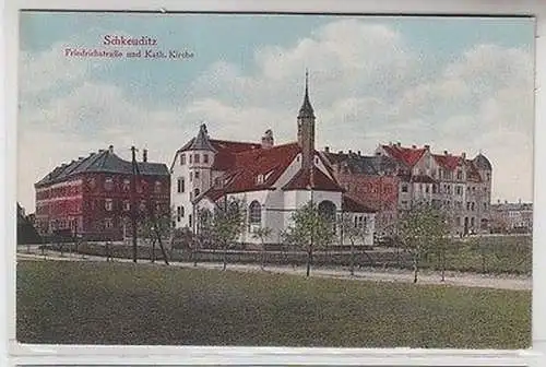 64047 Ak Schkeuditz Friedrichstraße und Katholische Kirche 1931