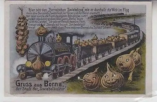 57548 Humor Ak Gruß aus Borna der Stadt der "Zwiebelkultur" 1921