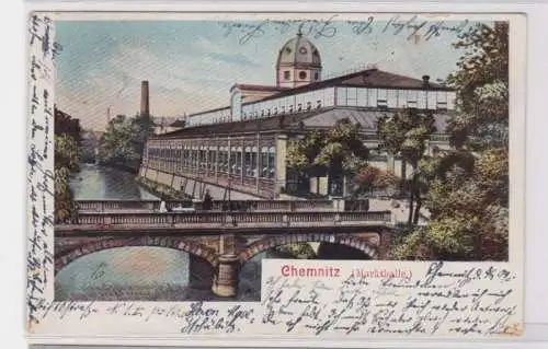 94261 AK Chemnitz - Markthalle, Flusspartie mit Brücke 1904