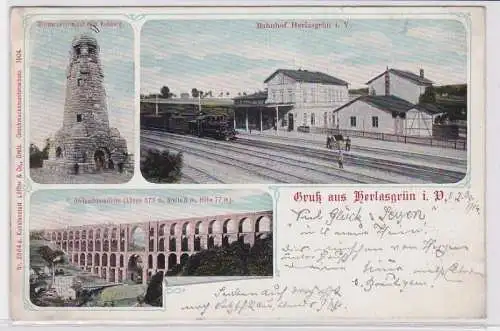 91798 AK Gruß aus Herlasgrün im Vogtland, Bismarckturm Göltzschtalbrücke Bahnhof