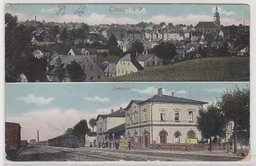 67101 Mehrbild Ak Treuen im Vogtland Totalansicht und Bahnhof 1913