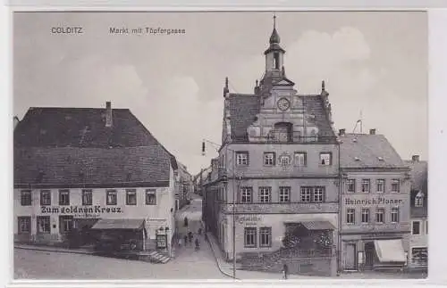 70017 AK Colditz - Markt mit Töpfergasse, Gasthaus zum goldenen Kreuz um 1910