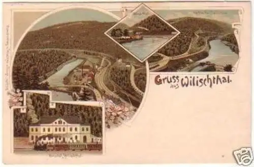 19986 Lithografie Gruss aus Wilischthal Bahnhof ua.1899