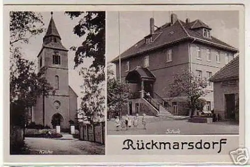 07056 Ak Rückmarsdorf Kirche und Schule um 1940