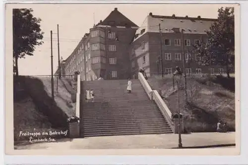 92093 Ak Limbach in Sachsen Freitreppe am Bahnhof 1937