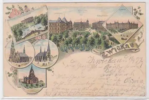 89613 Ak Lithographie Gruss aus Zwickau Kaserne usw. 1897