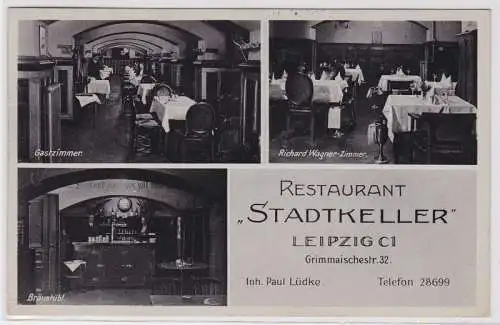 88389 AK Restaurant 'Stadtkeller' Leipzig Bräustübl Gastzimmer Innenansicht 1938