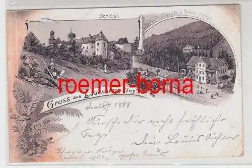 79551 Ak Lithographie Gruss aus Lauenstein im Erzgebirge Schloß und Bahn Hotel