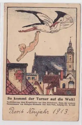 98587 Humor Ak Leipzig 'So kommt der Turner auf die Welt!' 1912