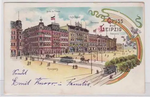 97635 Ak Lithographie Gruß aus Leipzig Rossplatz Hotel de Prusse usw. 1901