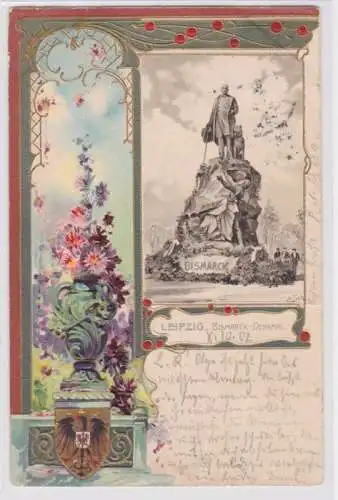 95402 Präge Rahmen Ak Wappen, Blumen und Leipzig Bismarck-Denkmal 1902