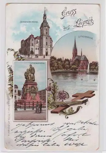 87954 Ak Lithographie Gruß aus Leipzig Lutherdenkmal, Lutherkirche um 1900